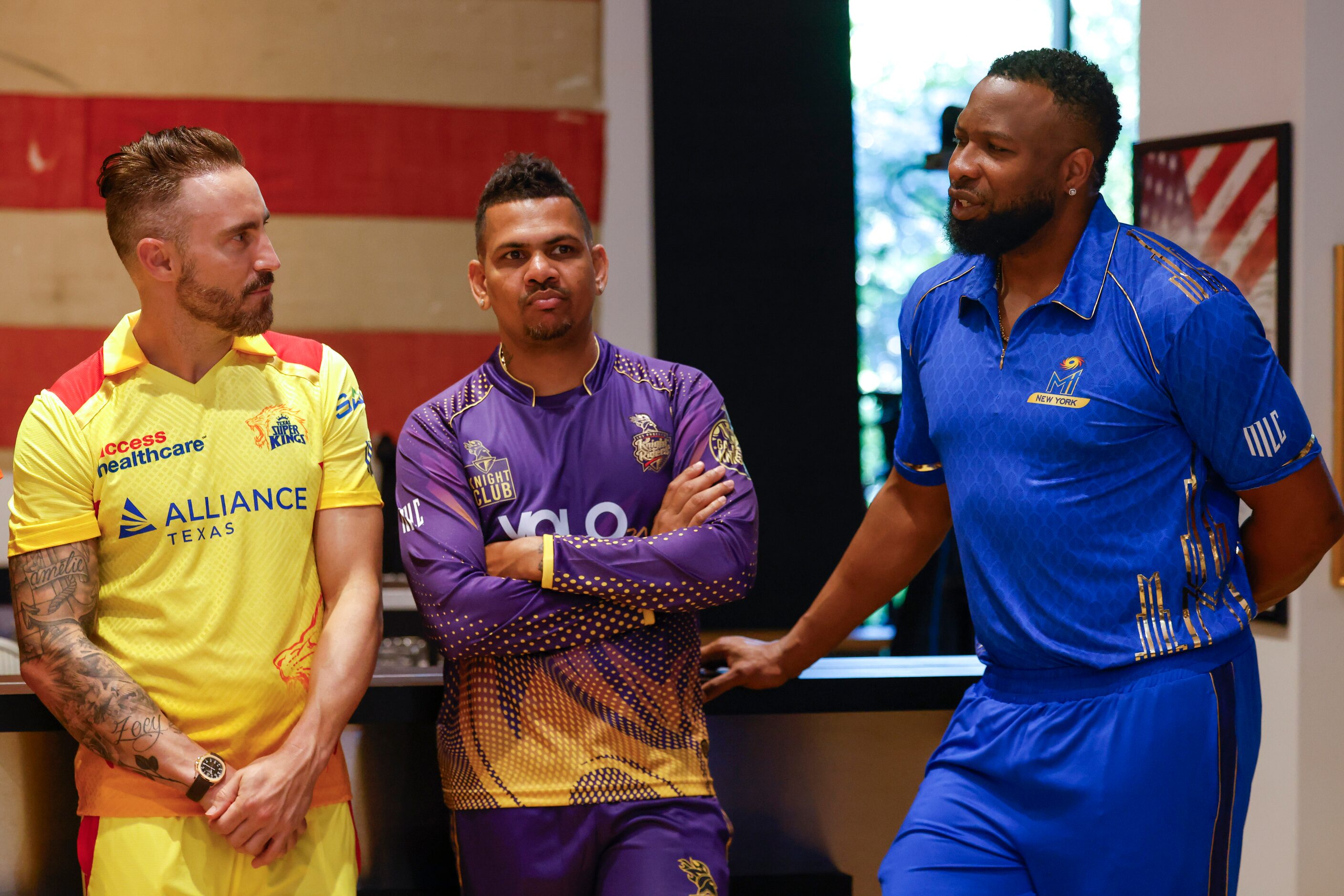 Captains of Texas Super Kings Faf du Plessis (left), and Los Angeles Knight Riders Sunil...