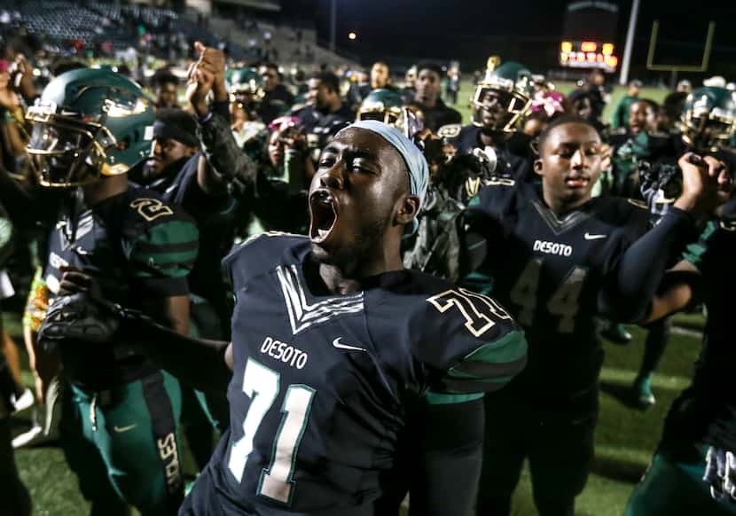 Leroy Hawkins celebrated the DeSoto Eagles' 40-21 win over Mansfield Summit in DeSoto on...