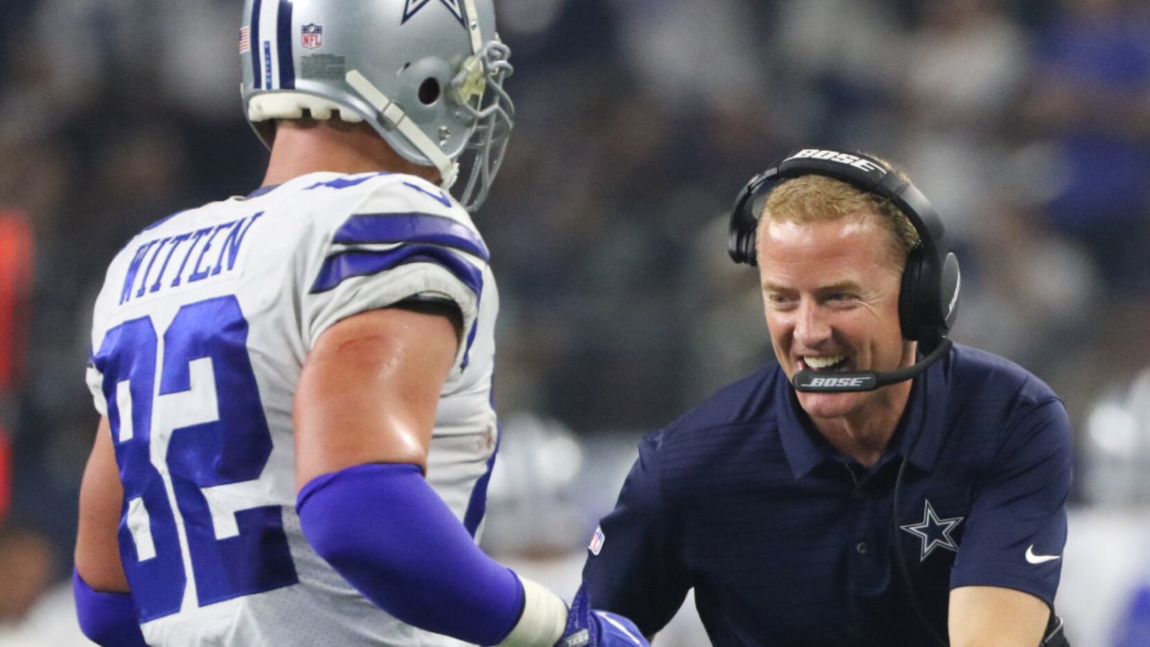 Dallas Cowboys head coach Jason Garrett is all smiles after Jason Witten's  (82 ) touchdown...
