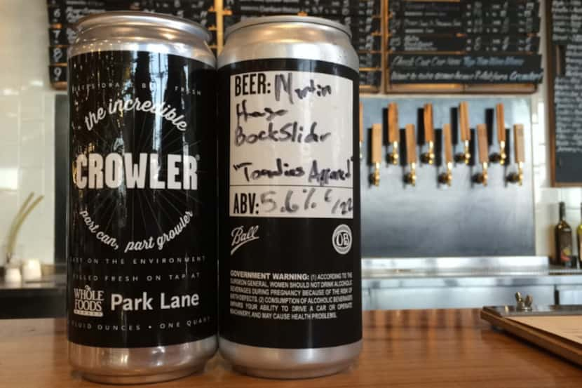 A 32-ounce crowler from Whole Foods at Park Lane. This type of beer-carrying vessel has...