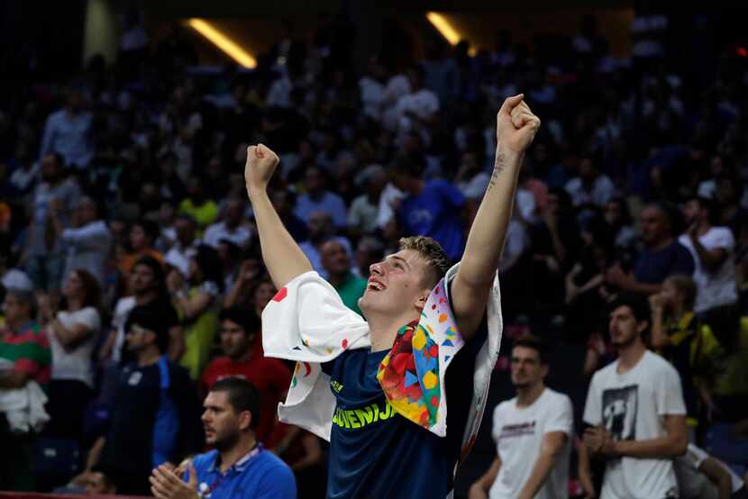 FILE - In this Sept. 17, 2017, file photo, Slovenia's Luka Doncic celebrates during the...