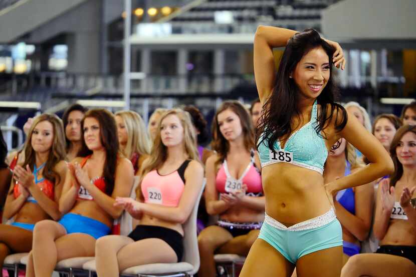 A competitor performs during the first round of the Dallas Cowboys Cheerleader auditions at...