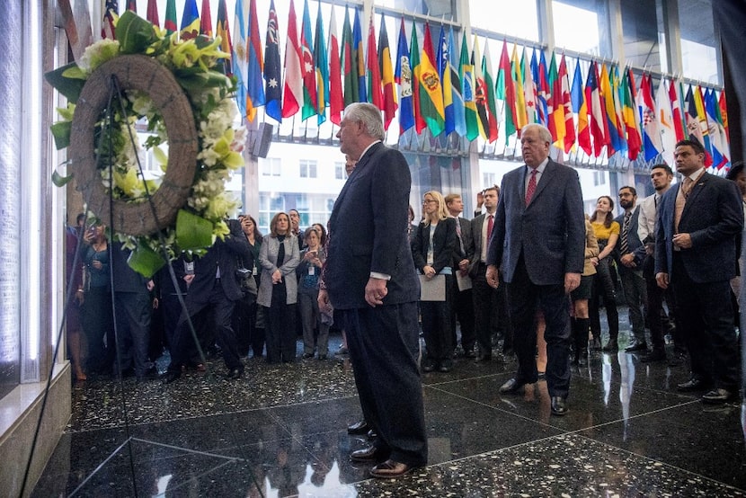 Secretary of State Rex Tillerson, center, accompanied by State Department Undersecretary for...