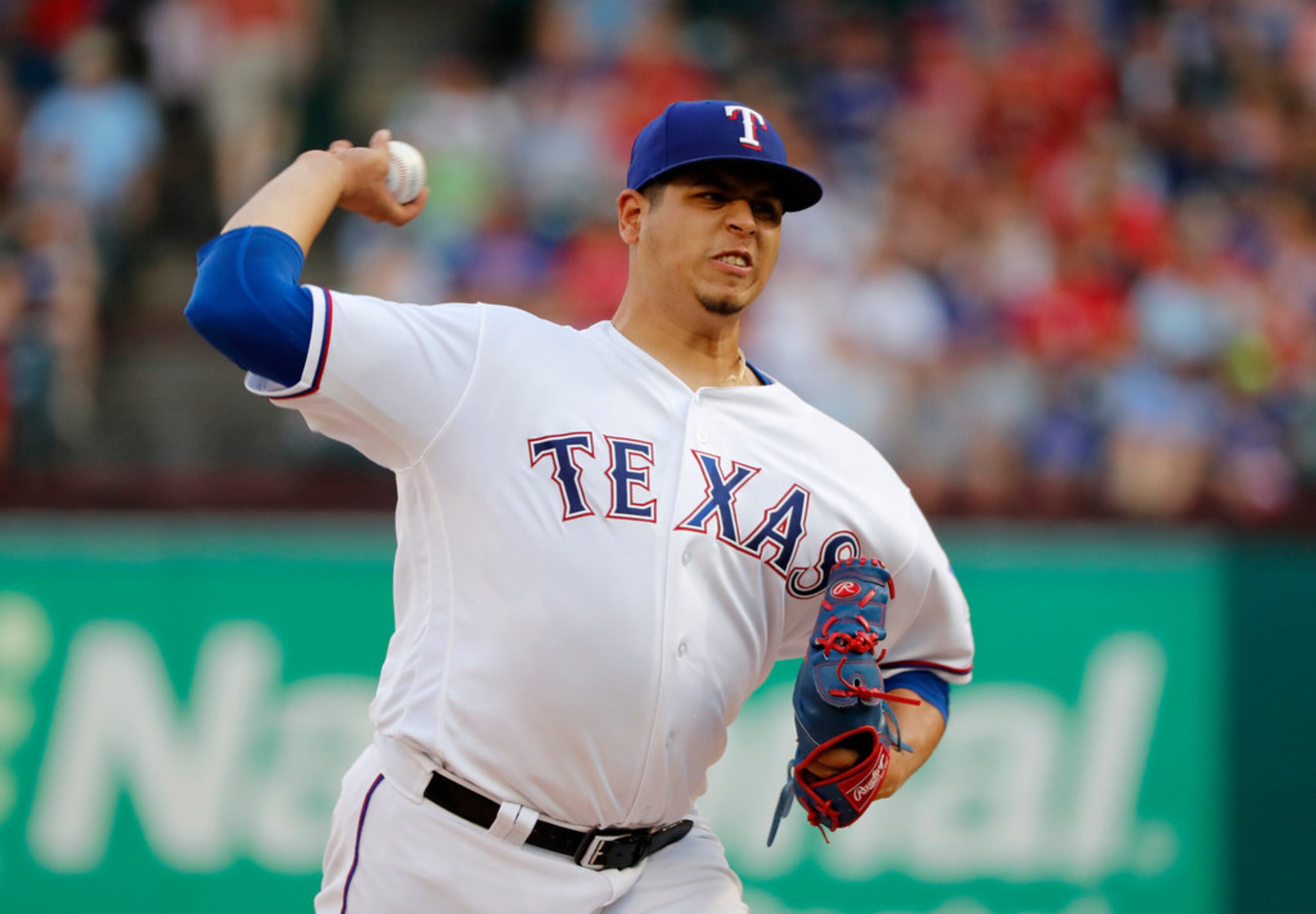 Texas Rangers starting pitcher Ariel Jurado throws to a Los Angeles Angels batter during the...