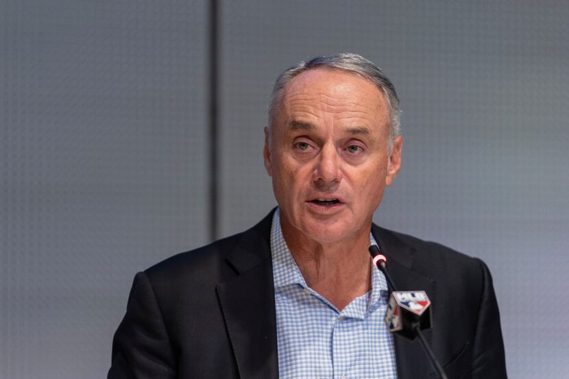 Major League Baseball Commissioner Rob Manfred speaks during a press conference at MLB...