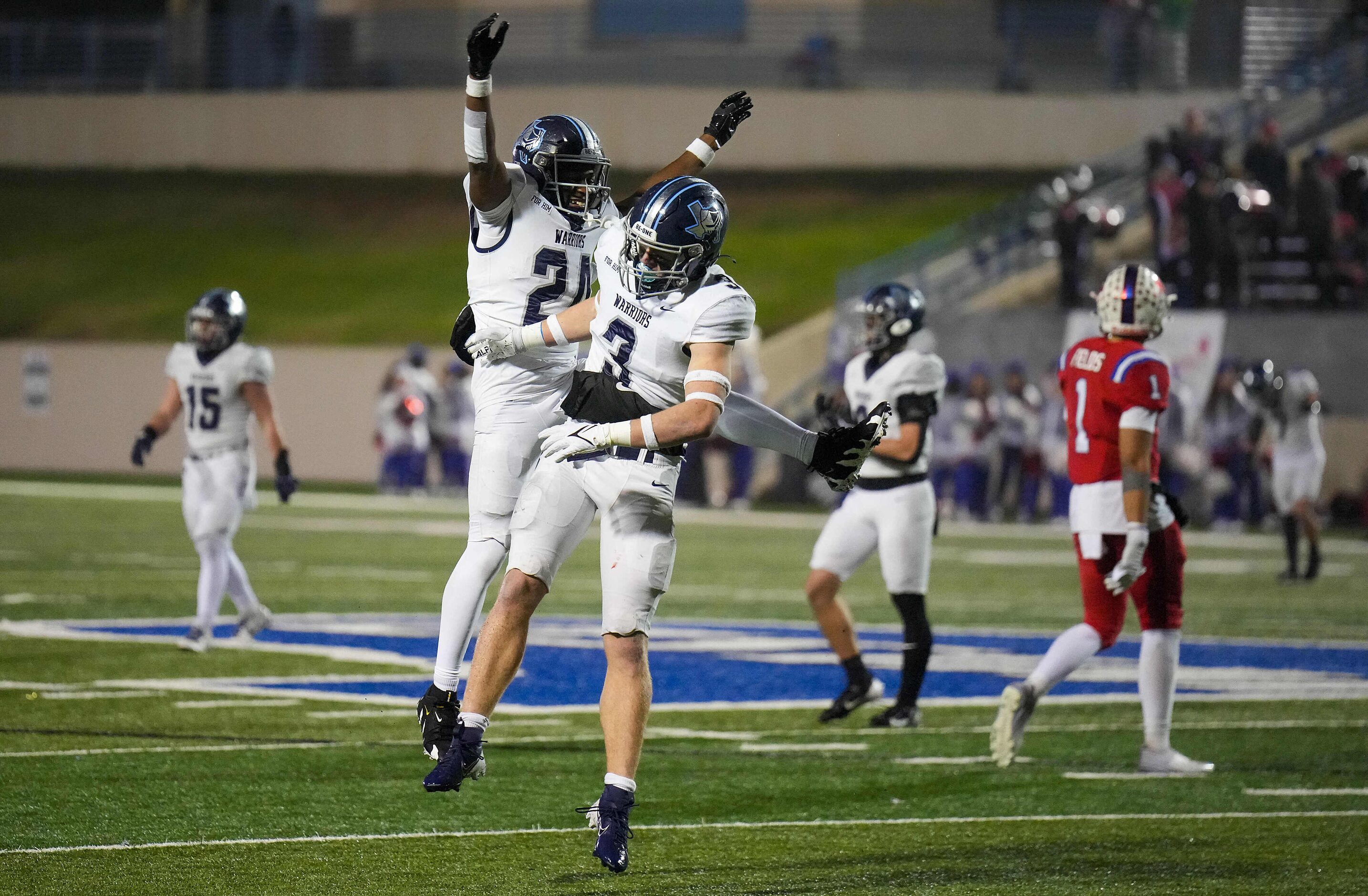 Argyle Liberty Christian linebacker CJ Witten (3) celebrates with Quinton Brown (24) after a...