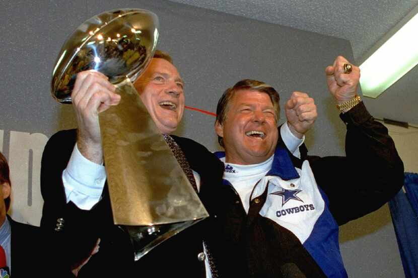 FILE - In this Jan. 31, 1993 file photo, Dallas Cowboys head coach Jimmy Johnson, right, and...