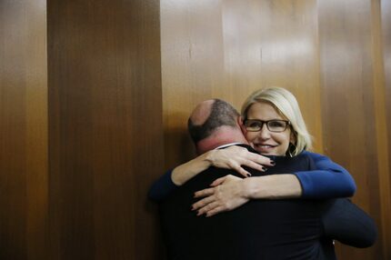 Hawk hugged a supporter in January after a judge dismissed a lawsuit to oust her from...