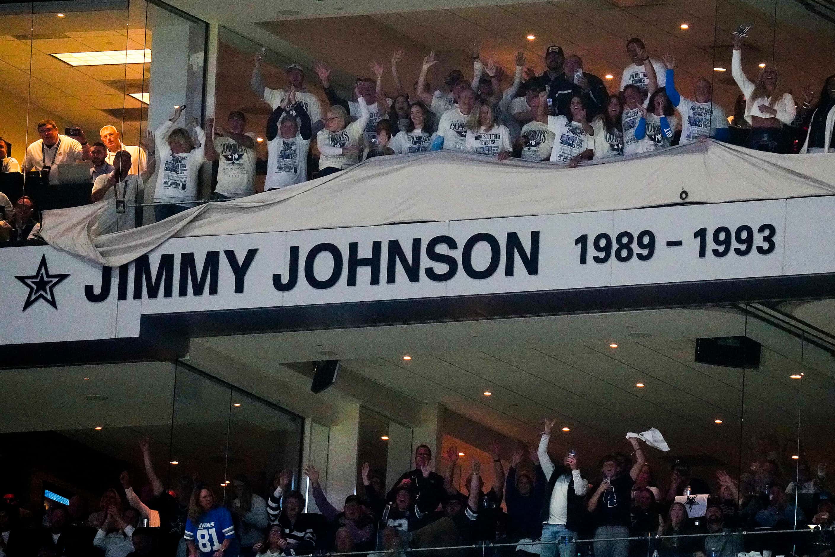 The name of former Dallas Cowboys head coach Jimmy Johnson is unveiled as he is inducted in...