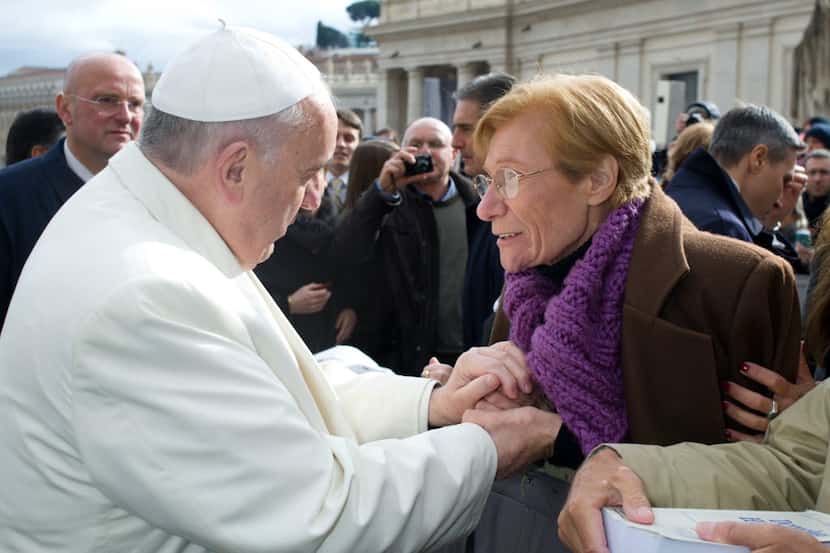 Pope Francis meets Argentine Lidia Guerrero in St. Peter's Square at the Vatican. 