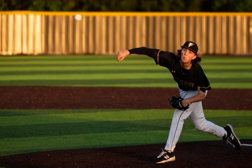 Forney pitcher Aiden Sims (4) delivers a pitch during a baseball game between Crandall High...