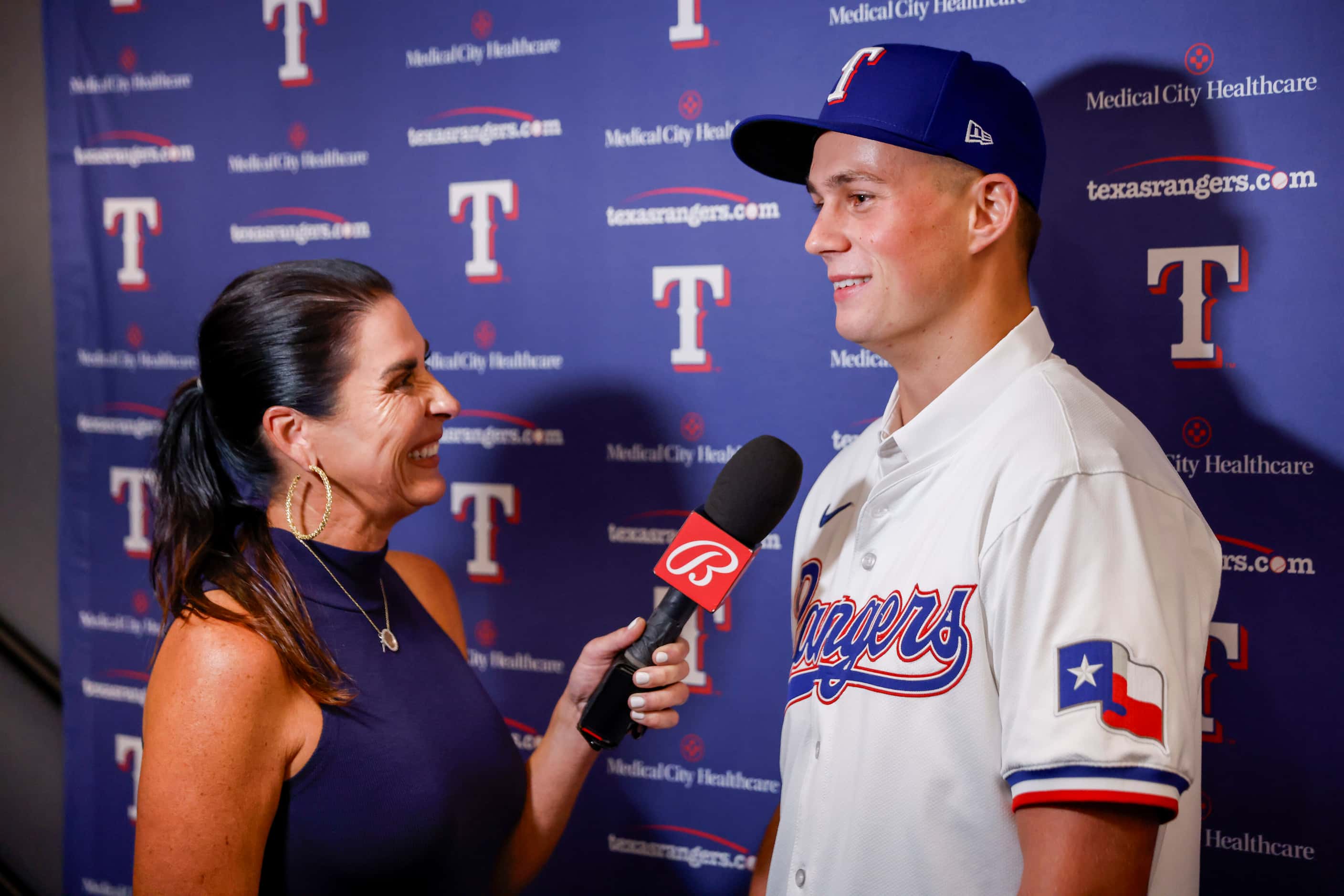 Texas Rangers reporter Emily Jones interviews first-round pick Malcolm Moore after a press...