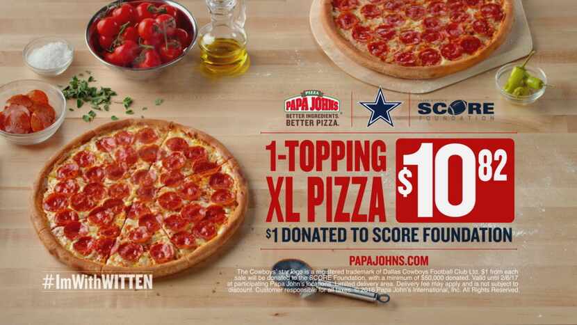 An ad for Papa John's upcoming "I'm with Witten" pizza deal to sponsor Jason Witten's SCORE...