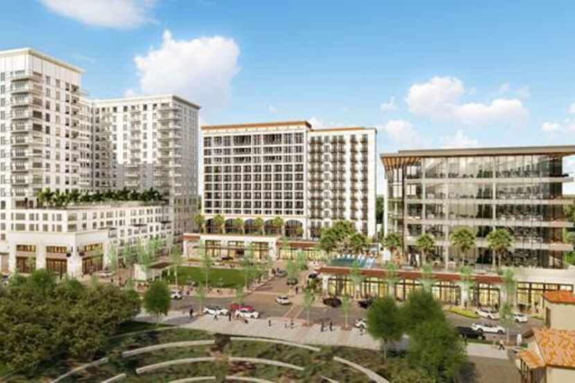 Construction has started on an apartment tower (shown at left) in the Lakeside Village...