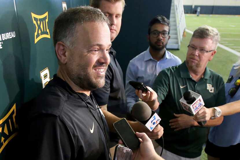 Baylor head football coach Matt Rhule takes questions from reporters following the first day...