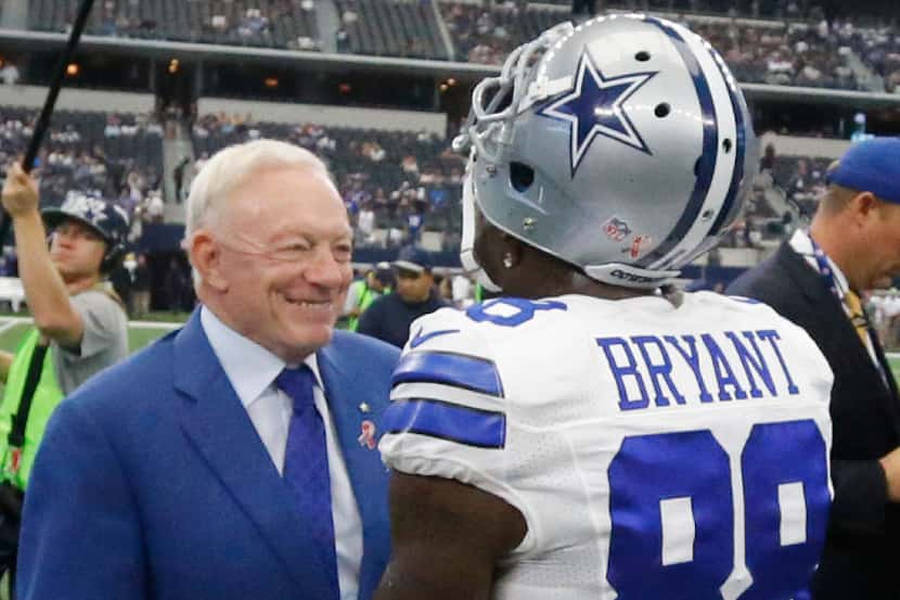 Dallas Cowboys wide receiver Dez Bryant (88) talks with owner jerry Jones before the New...