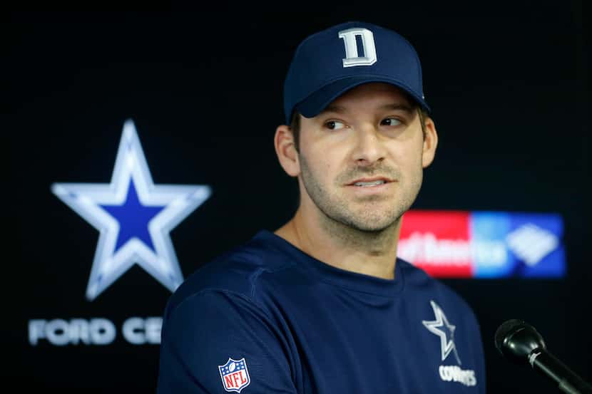 Dallas Cowboys quarterback Tony Romo talks with the media at Ford Center at the Star in...