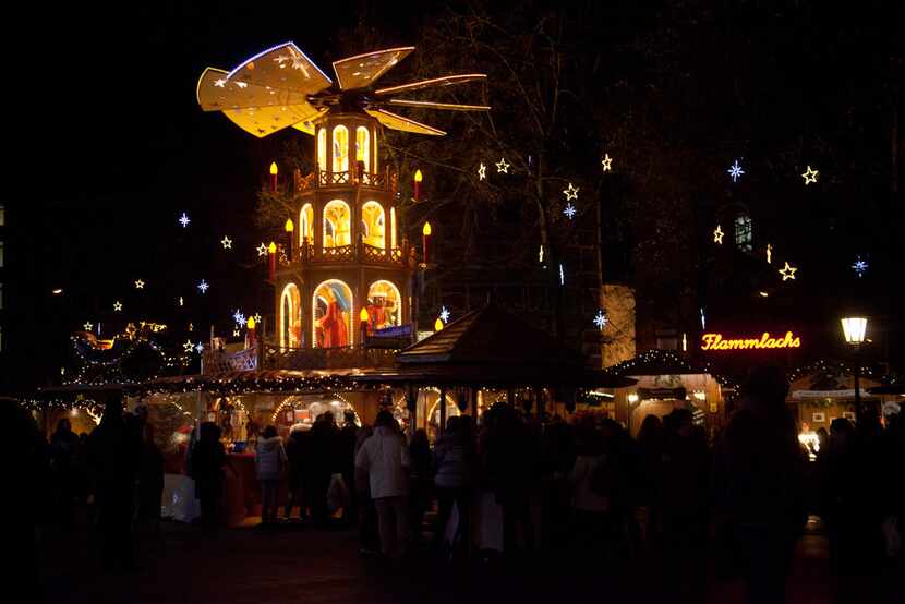 Christmas pyramids, like this one in Munich, are popular at German holiday markets.