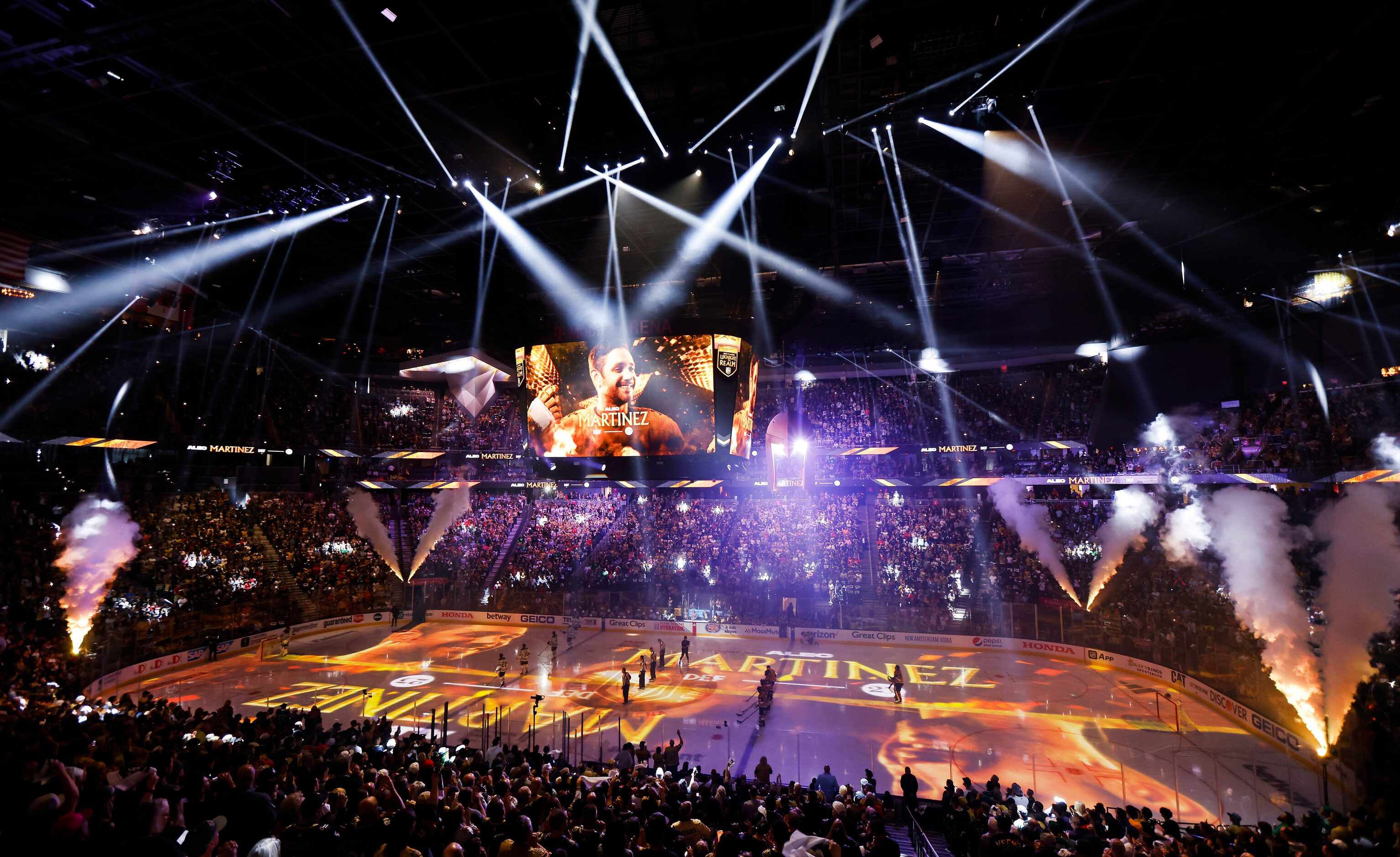 Laser lights and video projections are part of the Vegas Golden Knights pregame performance...