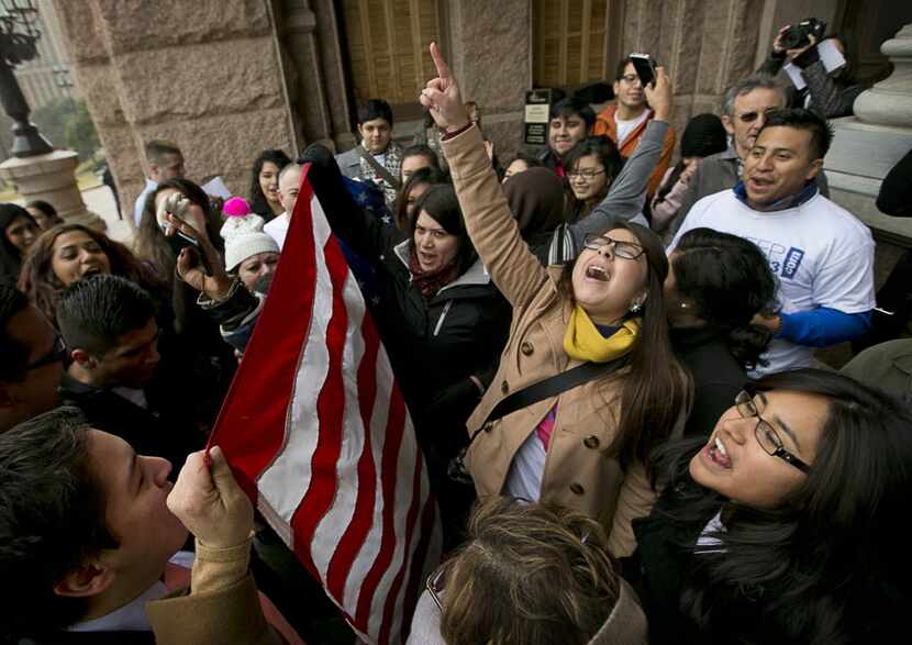 Maria Yolisma Garcia, 20, of Dallas, center, rallies in support of the HB1403, the Texas...