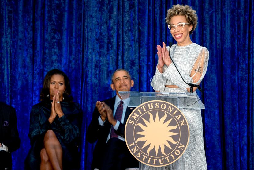 Former President Barack Obama and former first lady Michelle Obama applaud as Artist Amy...