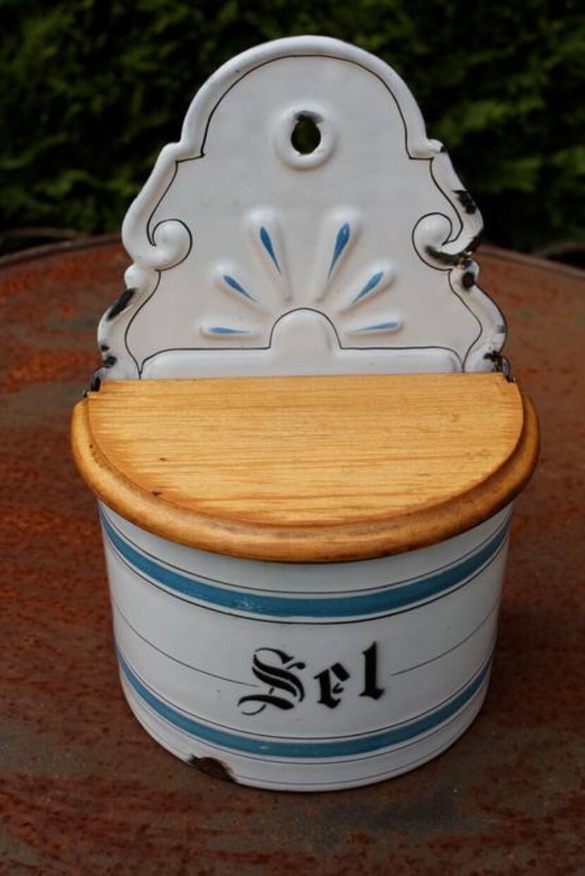 
Vintage enamel salt cellar for the Texas kitchen 
