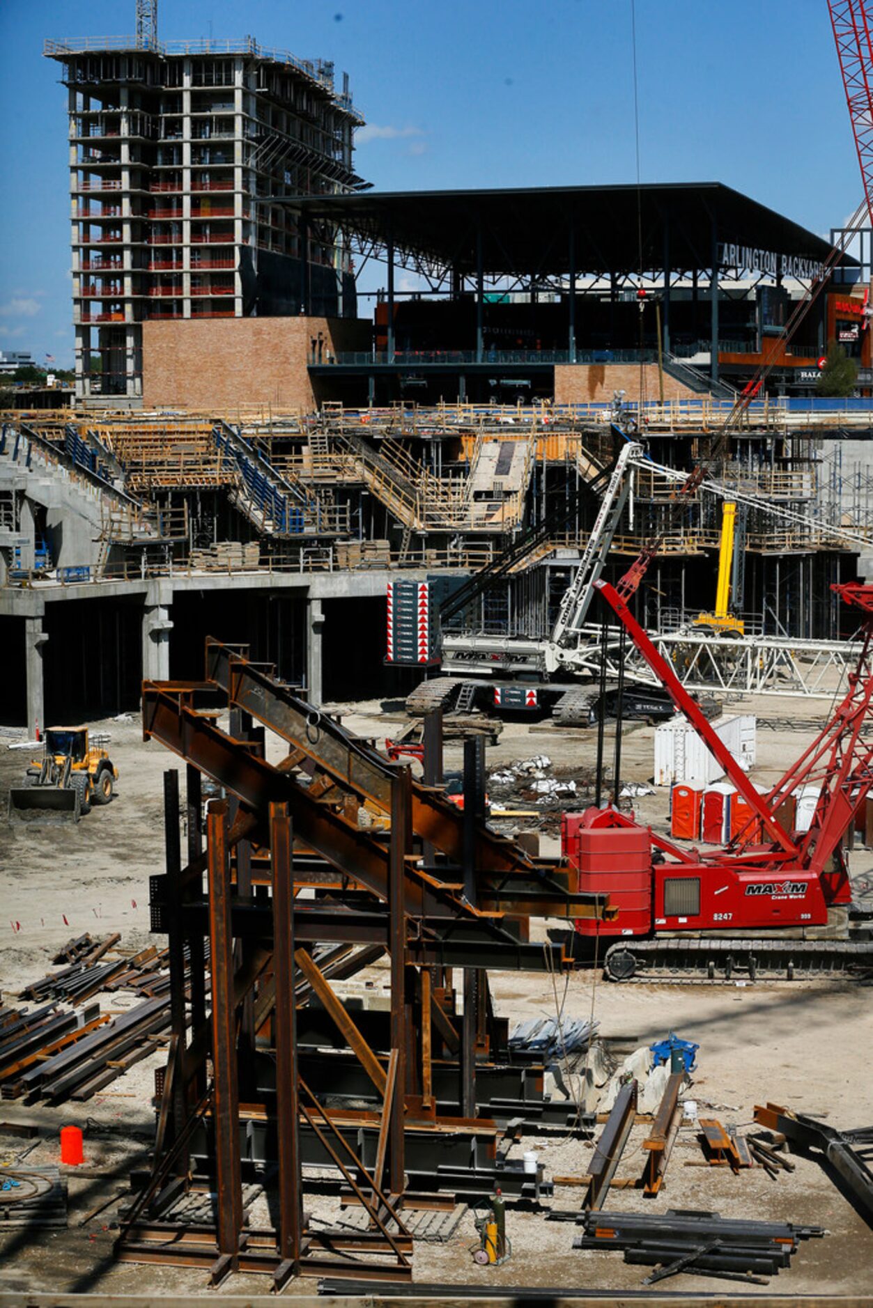 The new Lowe's hotel under construction (upper left) and Texas Live! Arlington Backyard...