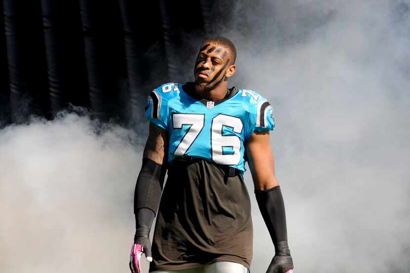 Carolina Panthers defensive end Greg Hardy (76) is shown during player introductions prior...