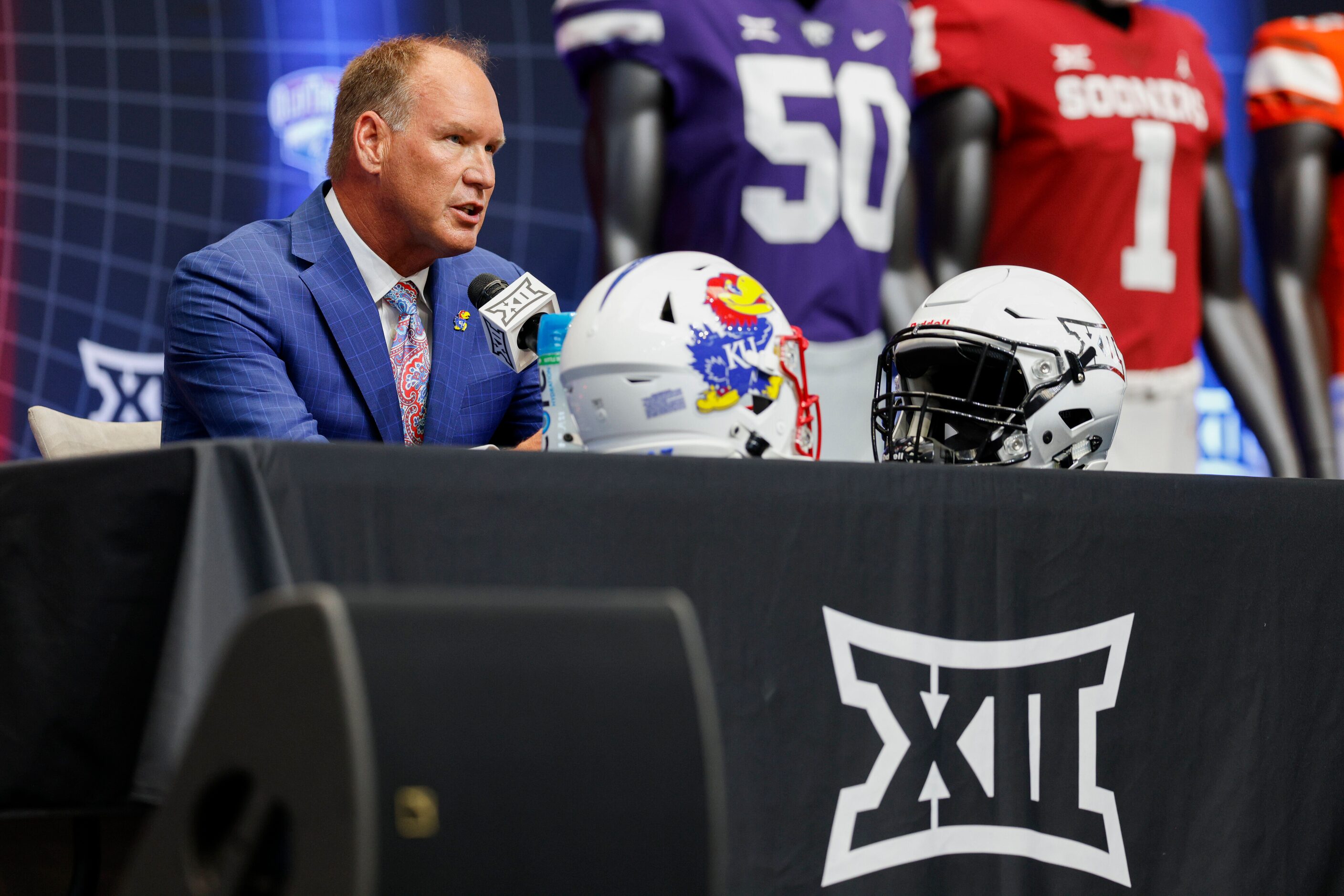 Kansas head coach Lance Leipold speaks during the Big 12 Media Days at AT&T Stadium,...