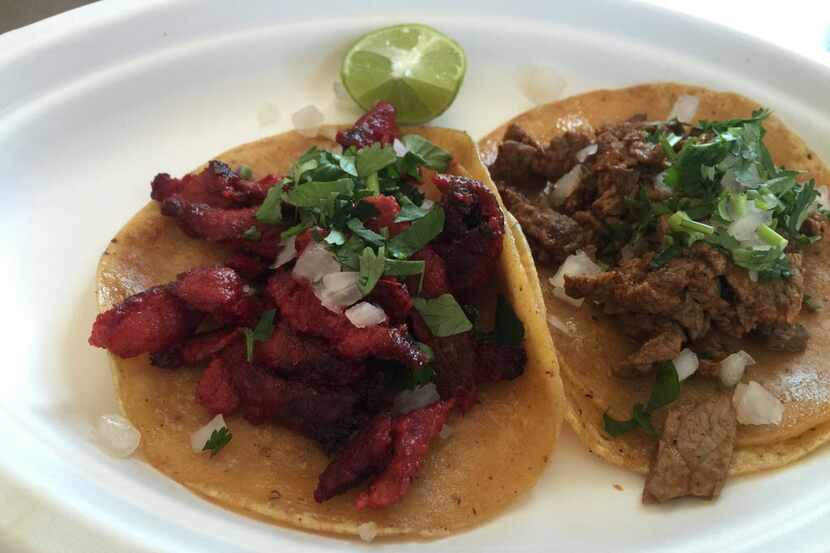 An al pastor taco (left) and a bistek taco at Trompo on Singleton Boulevard in West Dallas