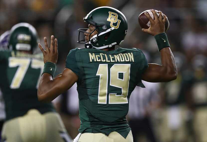 WACO, TX - SEPTEMBER 01:  Jalan McClendon #19 of the Baylor Bears throws against the Abilene...