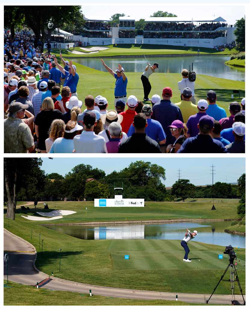 THEN - Golfer  Webb Simpson tees off on the par-3, No. 13 during the third round of the Dean...