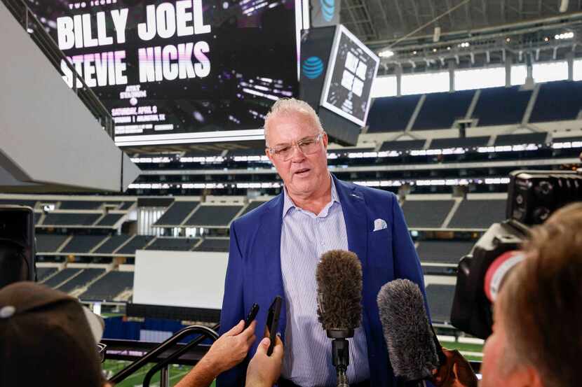 Stephen Jones, Dallas Cowboys Executive Vice President, speaks with reporters after a press...