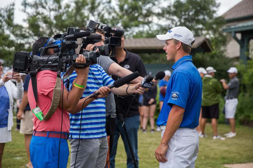 Plano West's Parker Coody is interviewed after winning the state championship of the UIL...