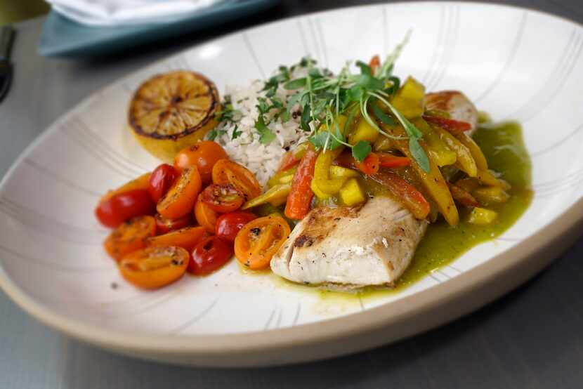 Mahi Mahi with Mango Basil Sauce, Roasted Tomatoes and Cilantro-Lime Quinoa Rice at Miriam...