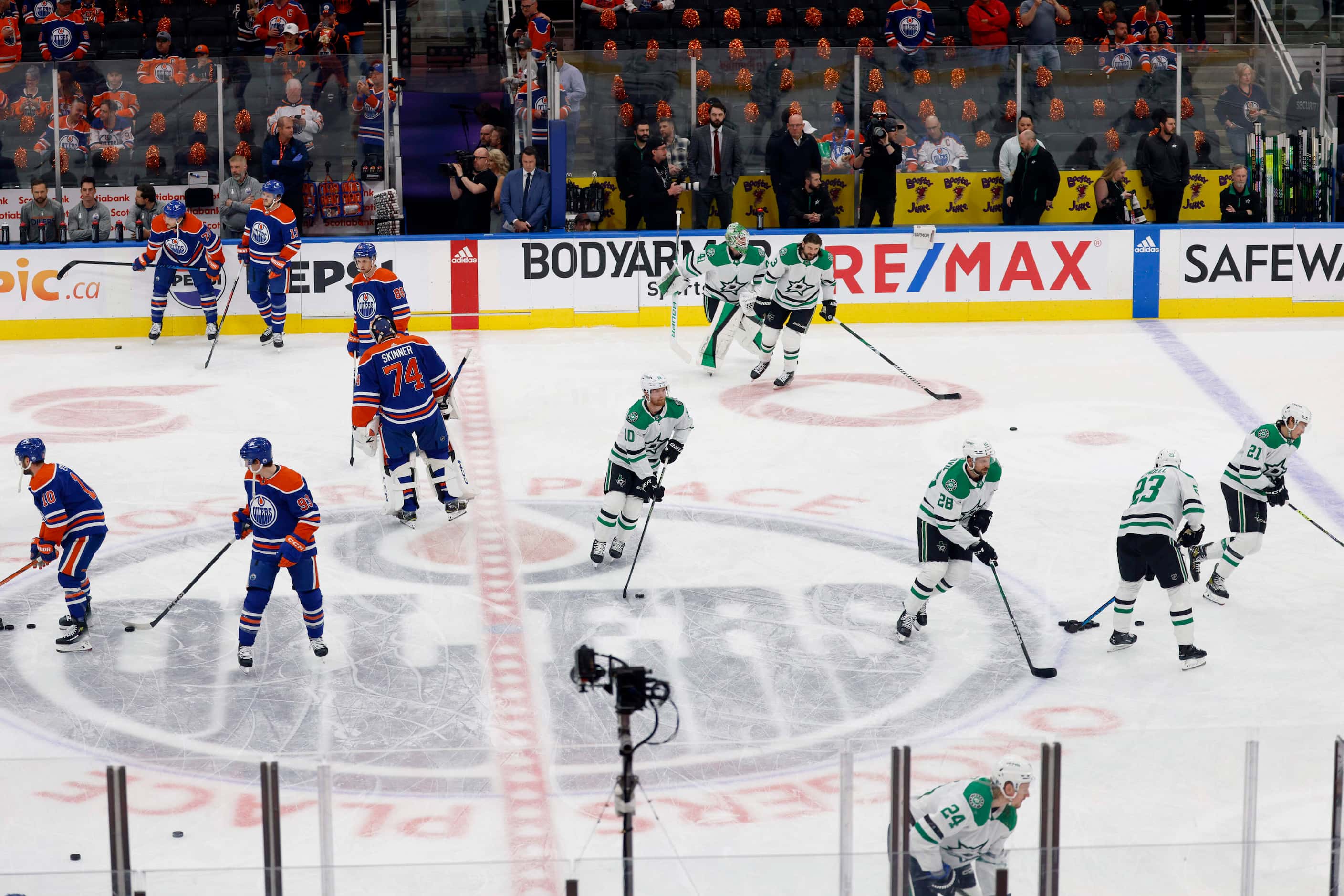 The Dallas Stars and the Edmonton Oilers warmup before Game 6 of the Stanley Cup Western...