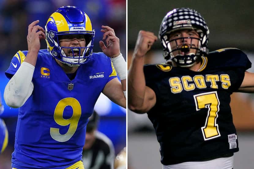 NFL quarterback Matthew Stafford as a member of the Los Angeles Rams (left) and as a player...