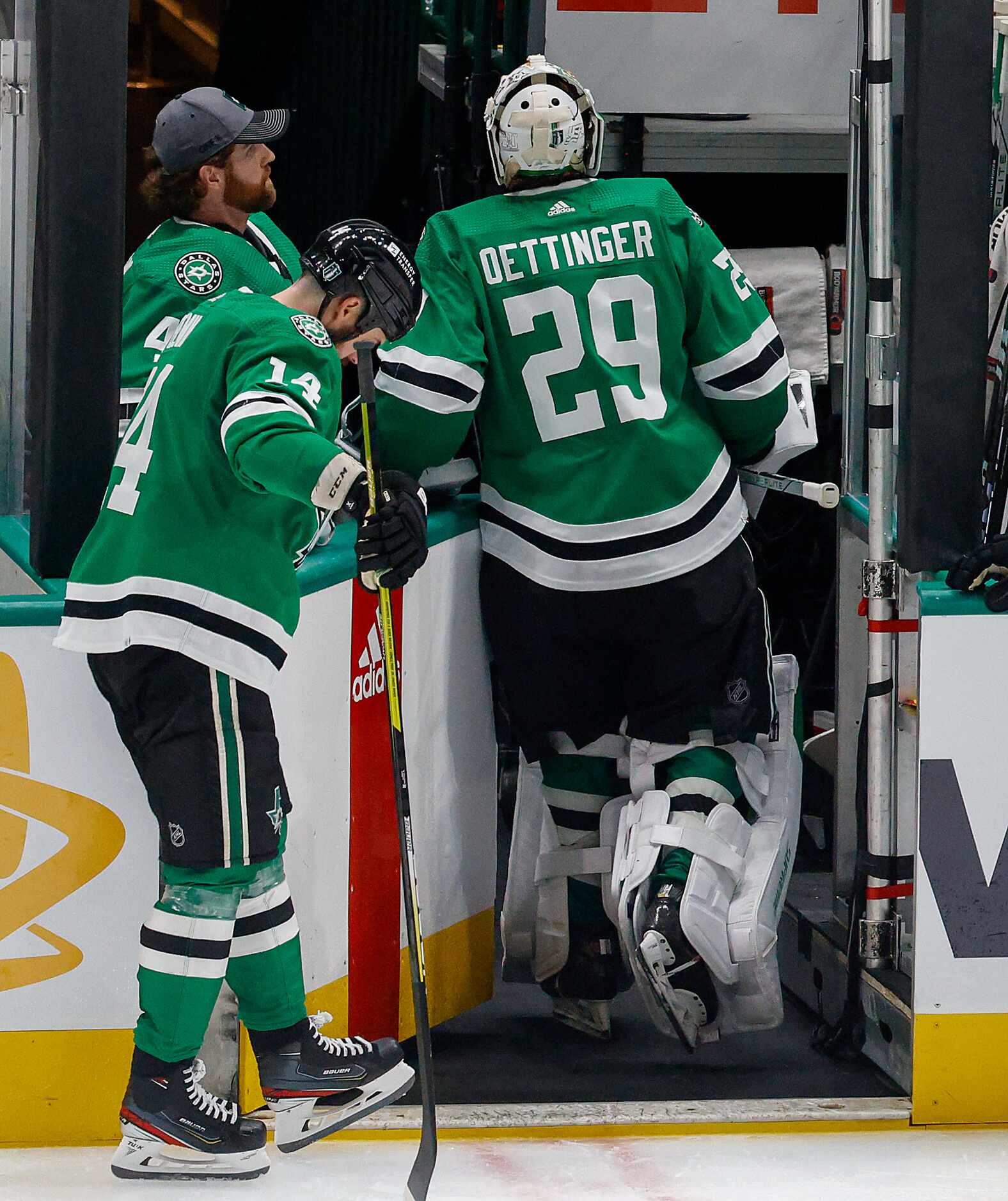 Dallas Stars goaltender Jake Oettinger (29) leaves ice after a 3-2 double overtime loss to...