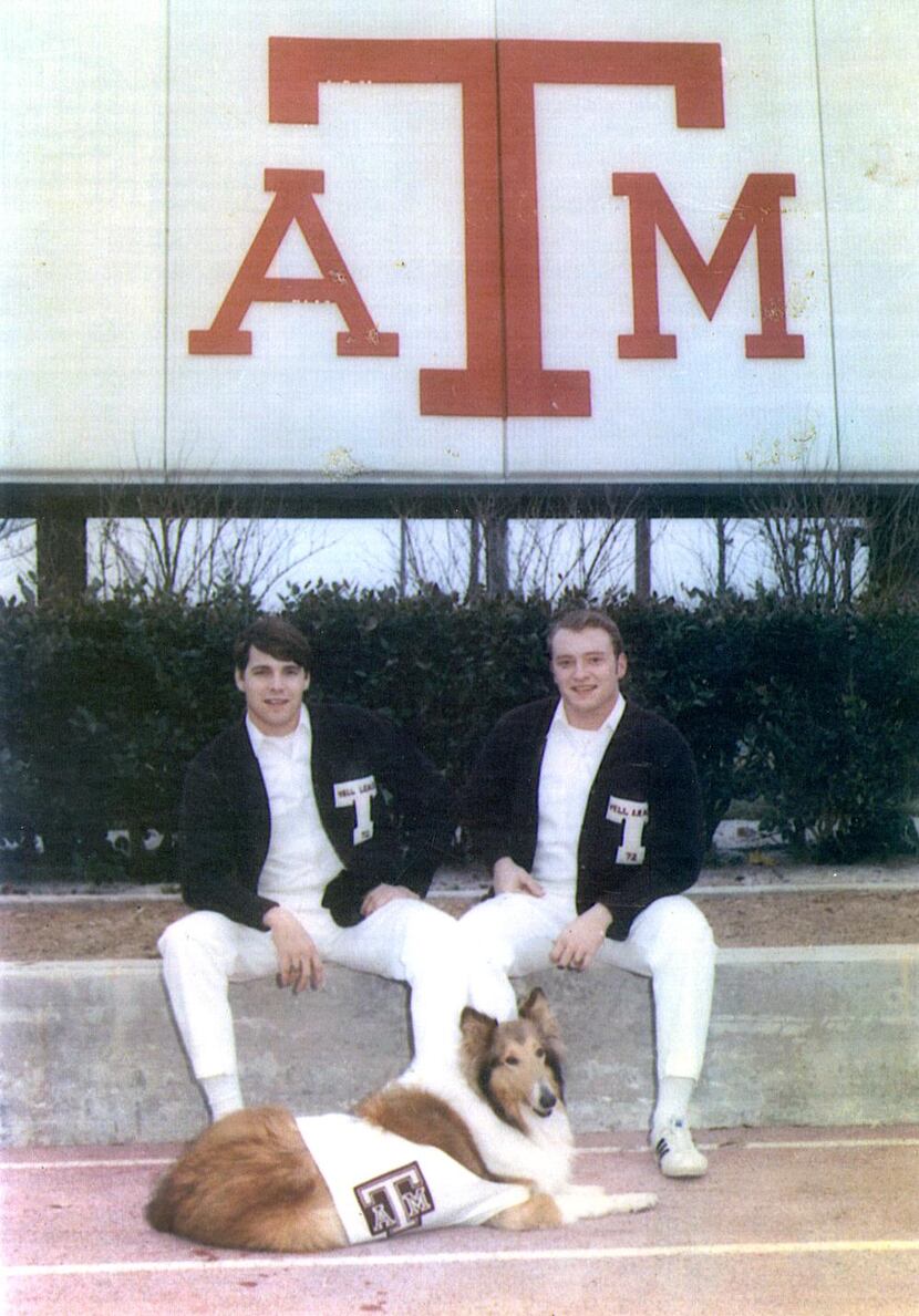  Texas A&M yell leaders Rick Perry (left) and Tommy Orr, with school mascot Reveille III on...
