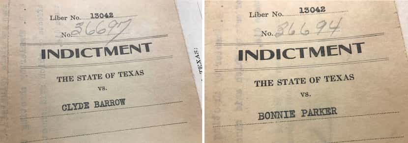 Pages from the original indictments of Bonnie and Clyde for murdering two lawmen in...