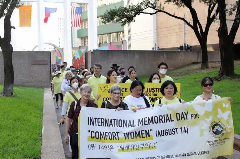 Community members marched from the Dallas Holocaust and Human Rights Museum to Thanks-Giving...
