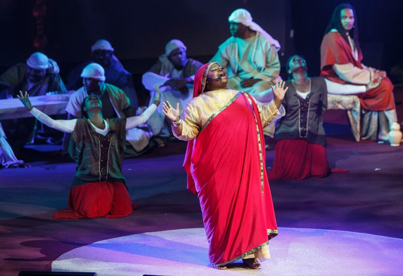 Crystal Aikin, playing Mary Magdalene, sings onstage during Oak Cliff Bible Fellowship's...