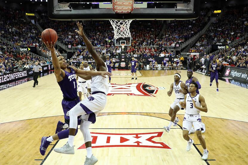 KANSAS CITY, MISSOURI - MARCH 14:  Desmond Bane #1 of the TCU Horned Frogs drives on a fast...