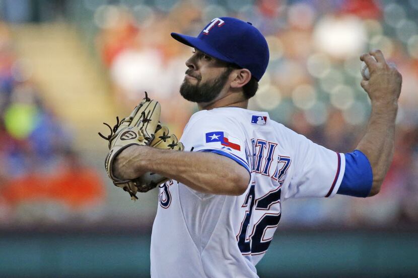 Texas Rangers starting pitcher Nick Martinez (22) is pictured during the Houston Astros vs....