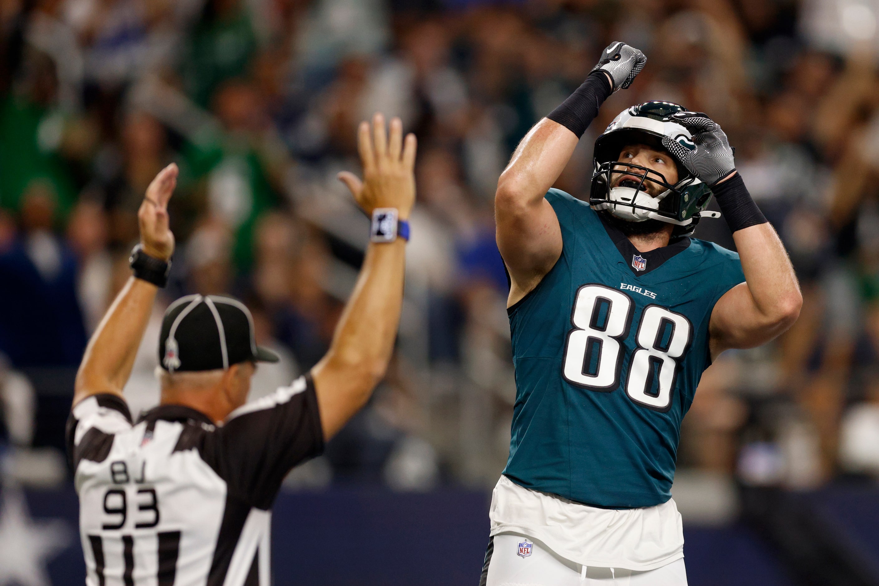 Philadelphia Eagles tight end Dallas Goedert (88) celebrates after a touchdown reception...