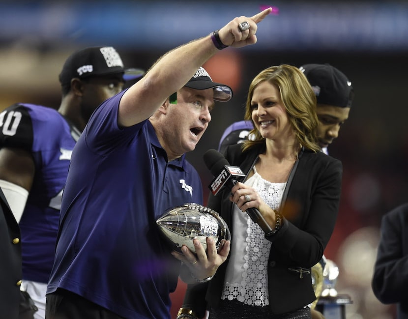 Dec 31, 2014; Atlanta , GA, USA; TCU Horned Frogs head coach Gary Patterson speaks with ESPN...