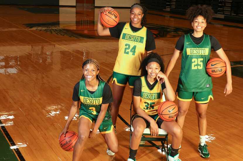 Desoto High School freshman Rieyan DeSouze (3), Amari Byles (24), Kamora Pruitt (35) and...