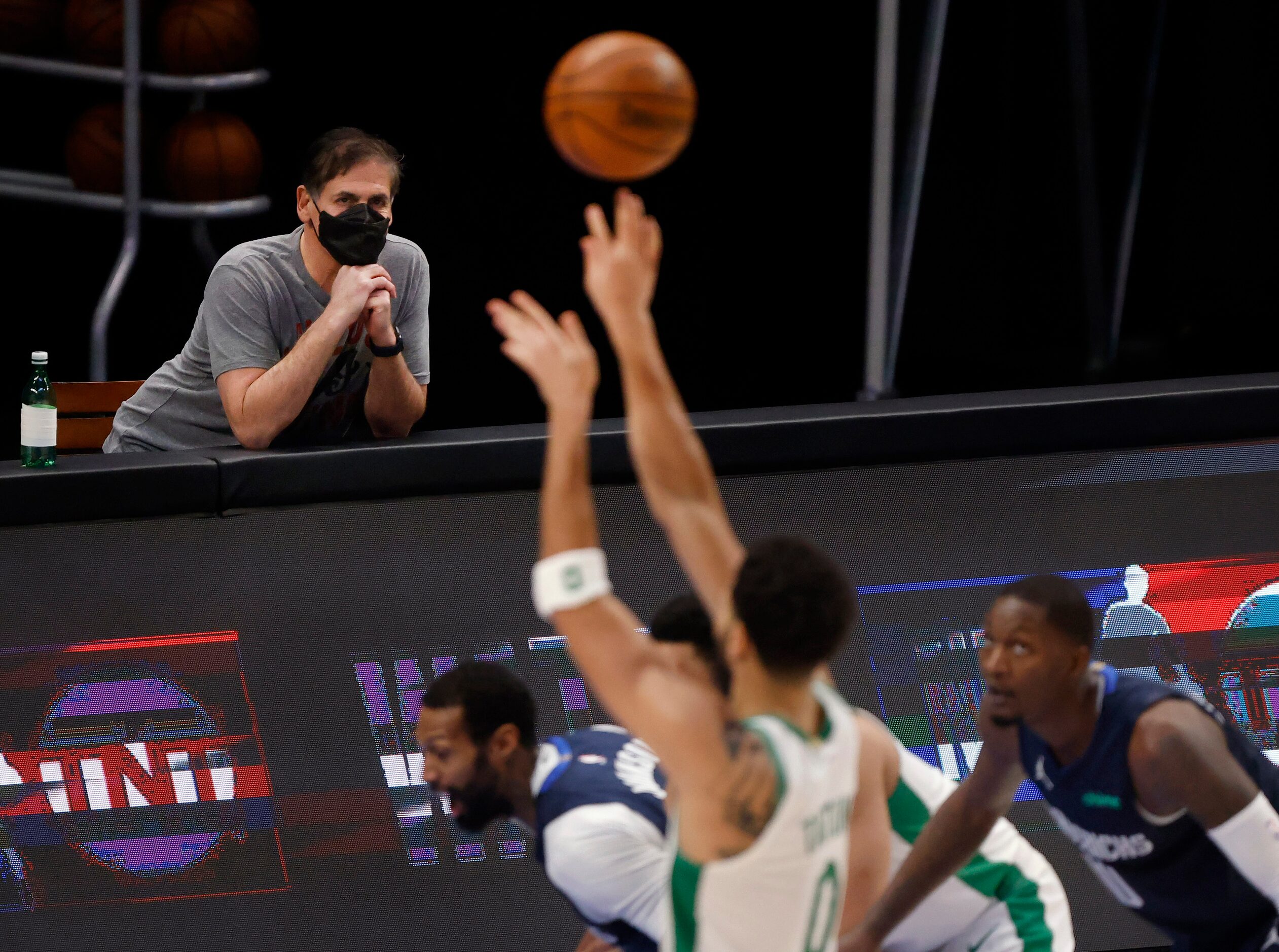 Dallas Mavericks owner Mark Cuban watches his team play the Boston Celtics during the first...