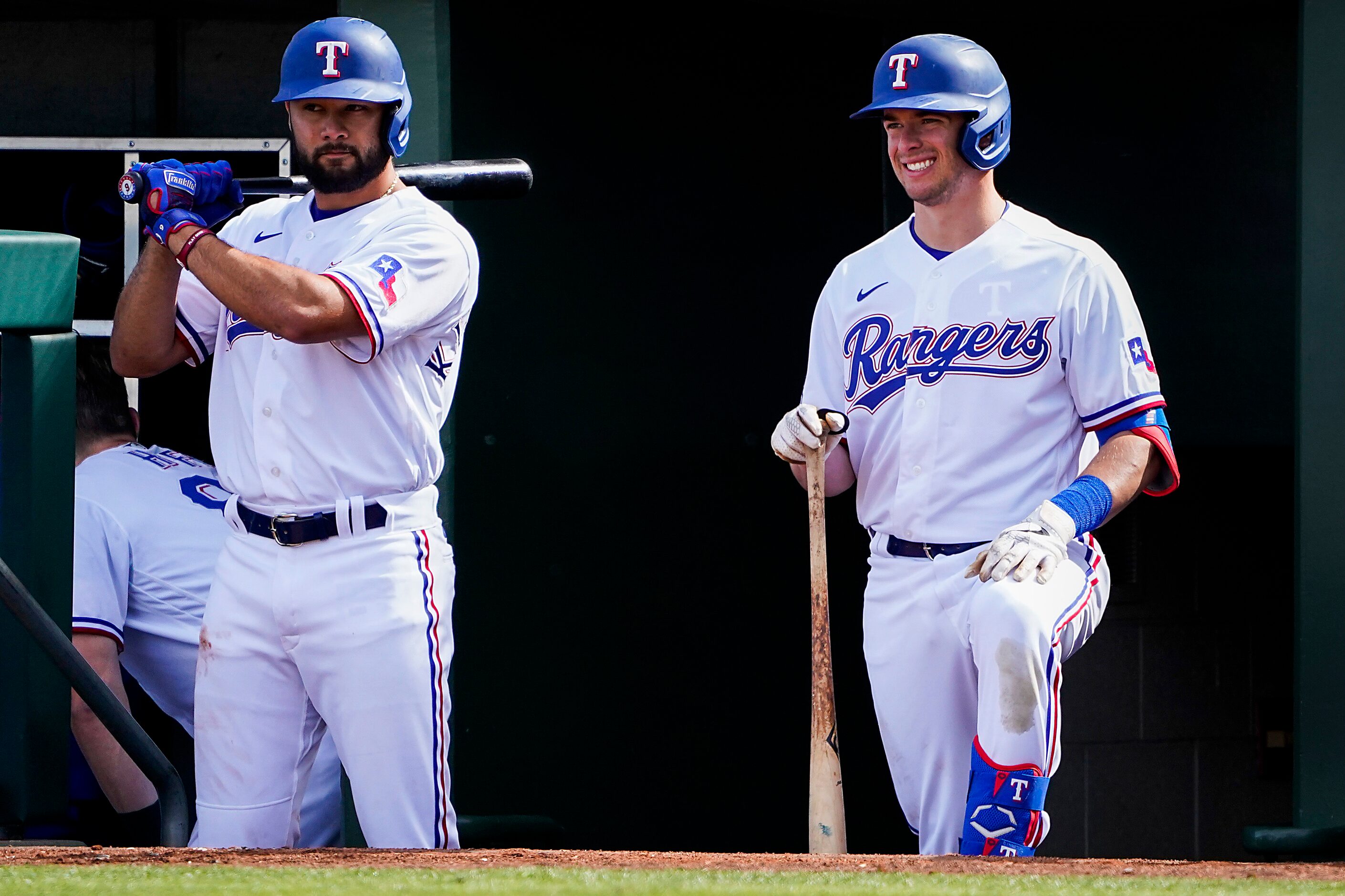 Texas Rangers infielder Isiah Kiner-Falefa (left) and infielder/outfielder Nick Solak wait...