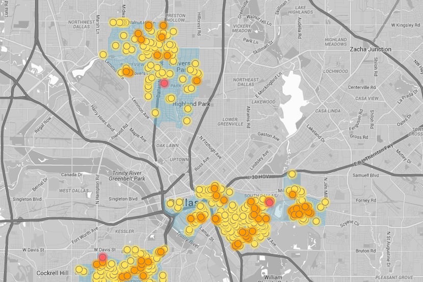  Clusters of natural gas leaks in selected Dallas neighborhoods. Yellow dots are low, orange...